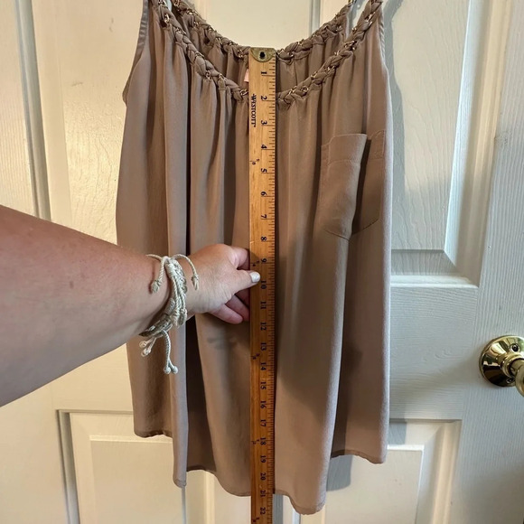 FOUNTYS Anthropologie 100% Silk Taupe Camel Gold Embellished Strap Tank Sz SM - Picture 7 of 10
